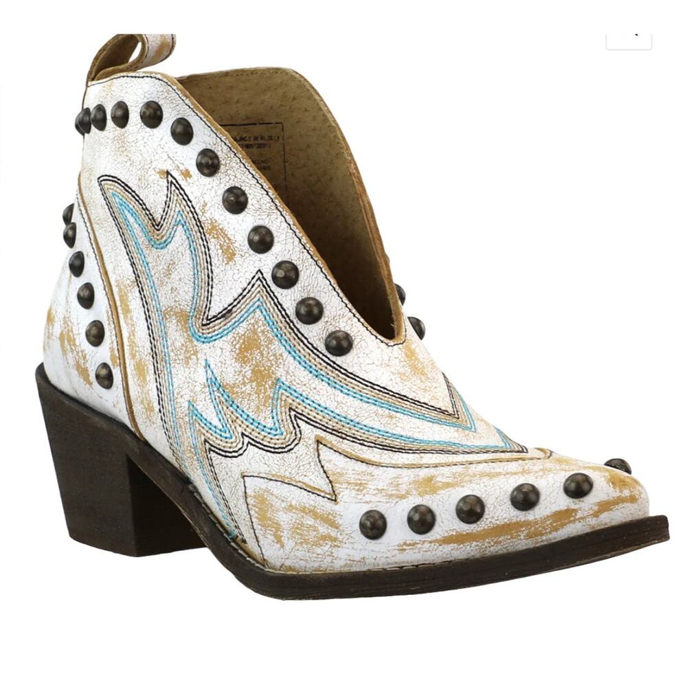 Circle G Studded Embroidered Pull On Cowboy Bootie PT White Leather Size 5 NIB